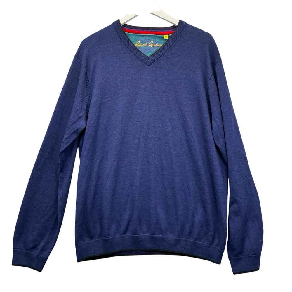 Robert Graham 100% Wool V Neck Long Sleeve Pullover Sweater Men's XL Blue Soft